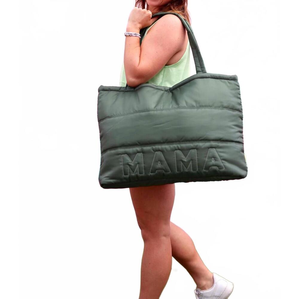 NEW JADELYNN BROOKE women's carry all puffer tote with mama stiched on it in oli